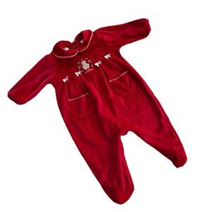 Vtg Footed Romper Red Teddy Bear Baby's 1st Christmas Baby Embroidered Sz 3-6M